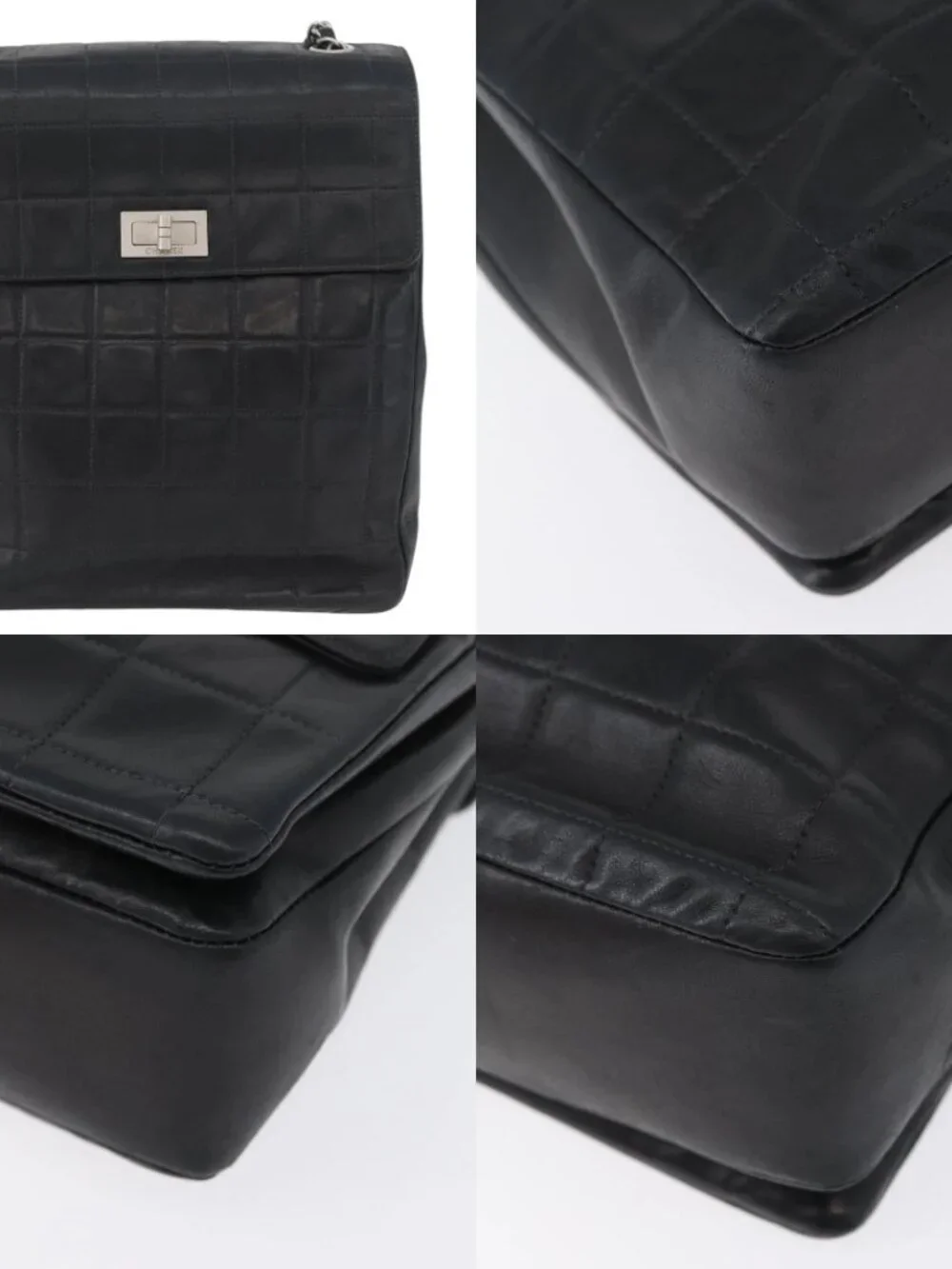 CHANEL Choco Bar Chain Shoulder Bag Lamb Skin Black Silver CC Auth bs33473